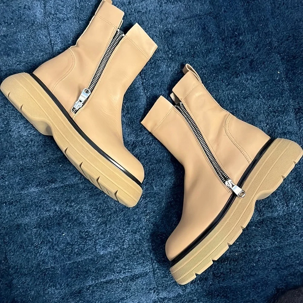 New Free People Mara Zip Moto Boots in Latte Brown Leather Size 37 or 7